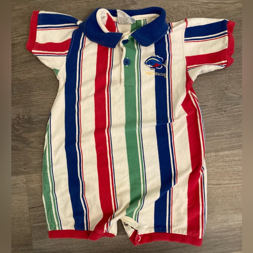 Vtg OshKosh B'gosh Baby Romper Size 12 Months Striped Outfit Green Blue Red